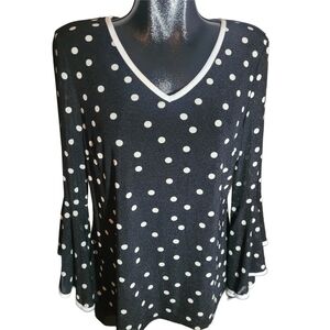 Amanda Collection Black and White Polka Dot V Neck Top L